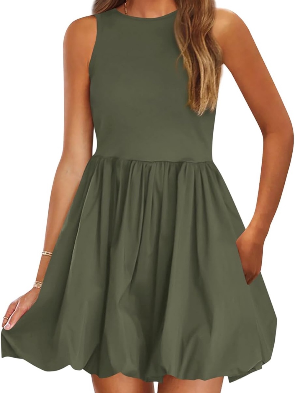 Sleeveless Olive Mini Dress with Full Skirt